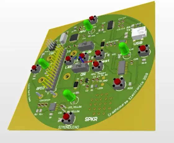 3D rendering of a custom development board with LEDs, buttons, and USB port