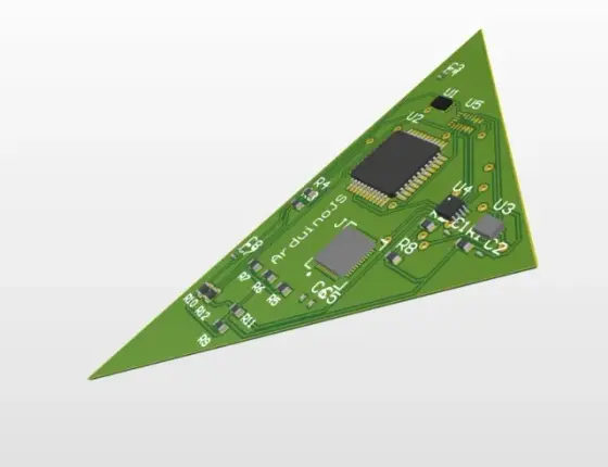 3D render of a triangular ArduinoJS PCB design with integrated chips