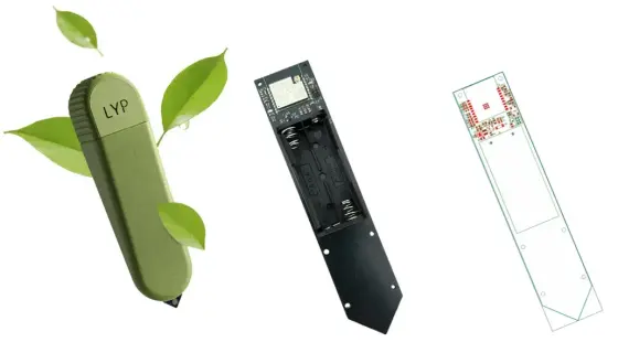 Three hardware product prototypes side-by-side: sensor, board, and enclosure