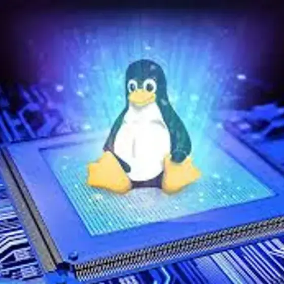 Tux mascot on a microprocessor representing embedded Linux firmware work
