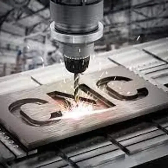 CNC machine precision-milling 'CNC' text into a metal block with sparks