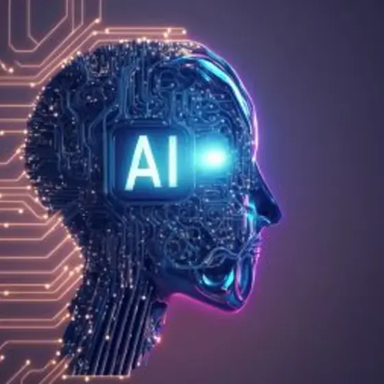 Stylized AI-powered chip embedded in a circuit-board profile