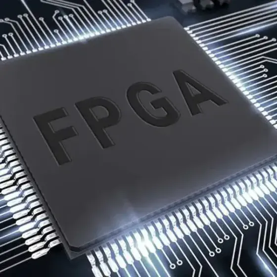 Closeup of an FPGA chip with surrounding circuit traces